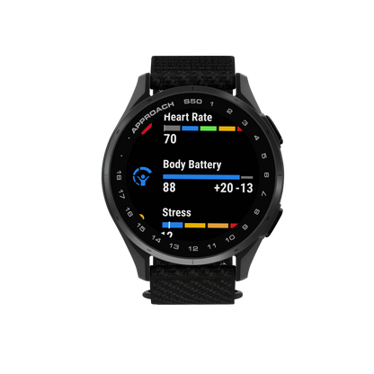 Garmin Approach S50, Slate Bezel/Black ComfortFit Nylon Band, Golf GPS Smartwatch & Rangefinder (010-03010-00)