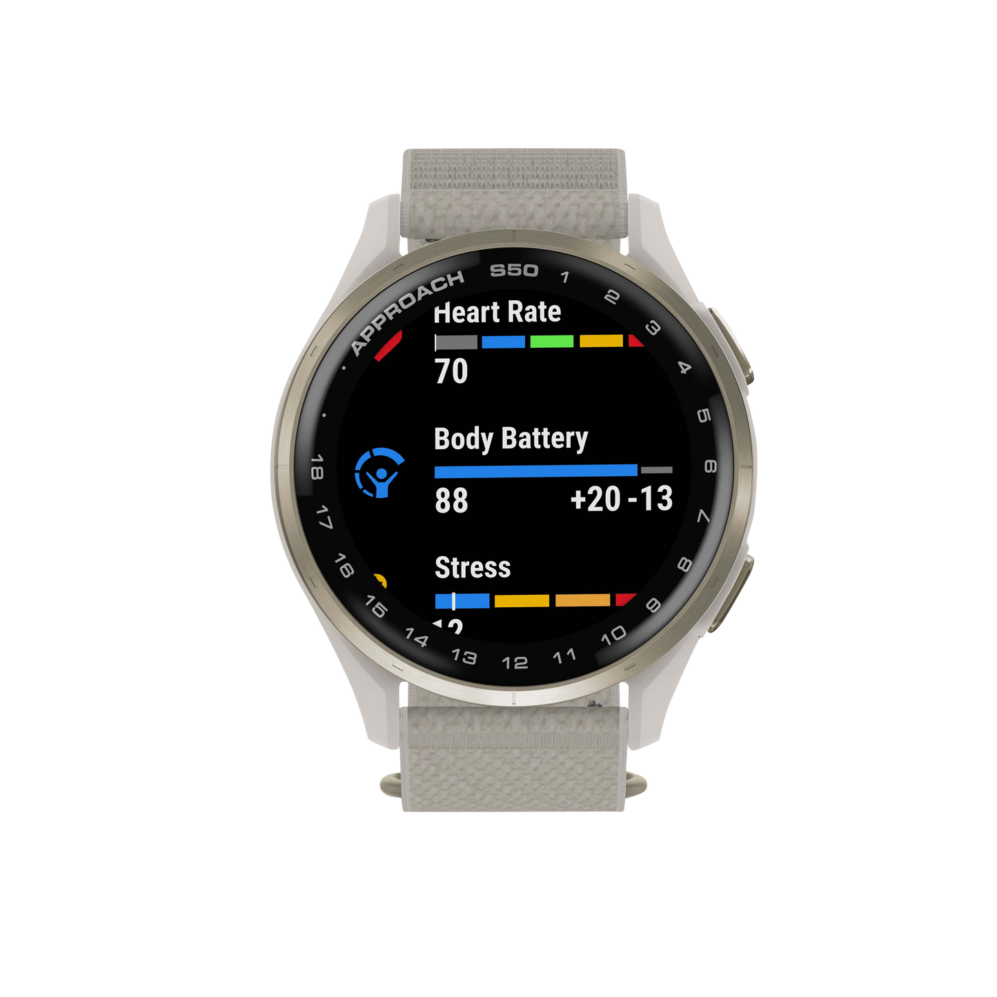 Garmin Approach S50, Gold Bezel/Ivory ComfortFit Nylon Band, Golf GPS Smartwatch & Rangefinder (010-03010-01)