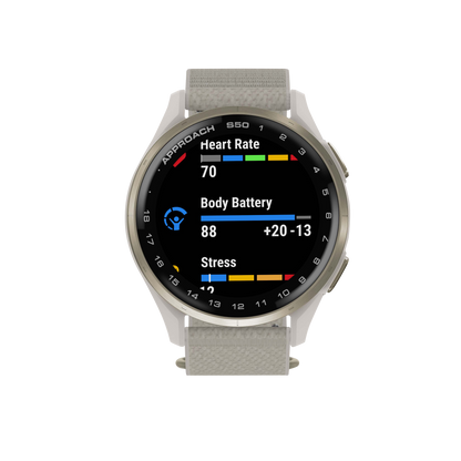 Garmin Approach S50, Gold Bezel/Ivory ComfortFit Nylon Band, Golf GPS Smartwatch & Rangefinder (010-03010-01)