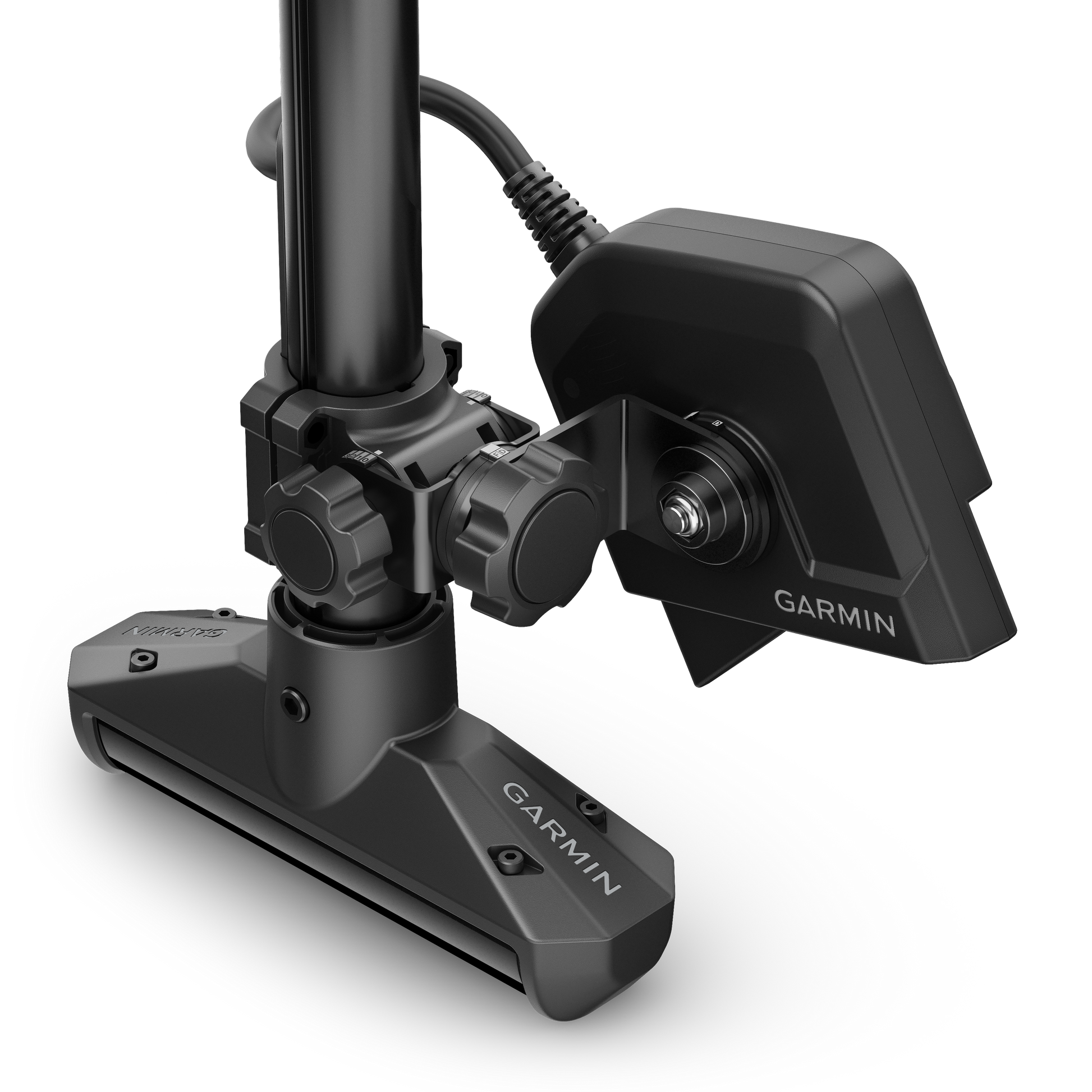 Garmin LiveScope 2 HD Ice Fishing Transducer on a dark gray mount with Garmin branding