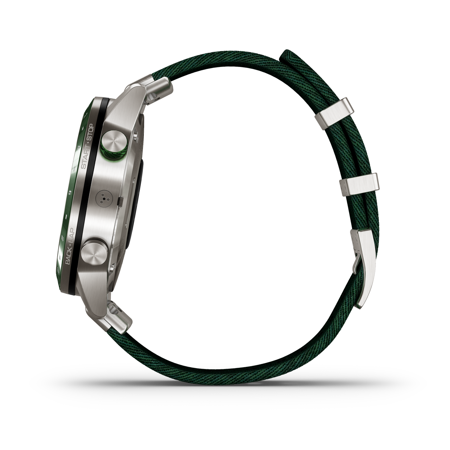 Garmin MARQ Golfer Gen1 smartwatch with stainless steel case and green braided strap.