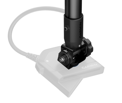 Garmin LiveScope 2 HD transducer for marine fish finders with white coil cable and black mount.