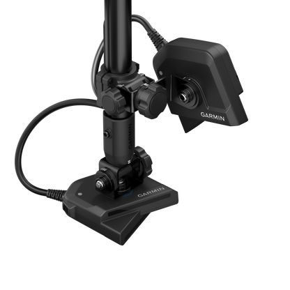 Garmin LiveScope 2 transducer on black mounting pole with Garmin branding