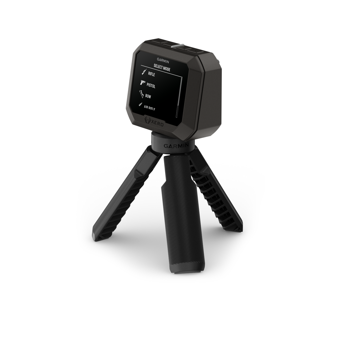 Garmin Xero C2 Chronograph on a black tripod, compact handheld shooting chronograph