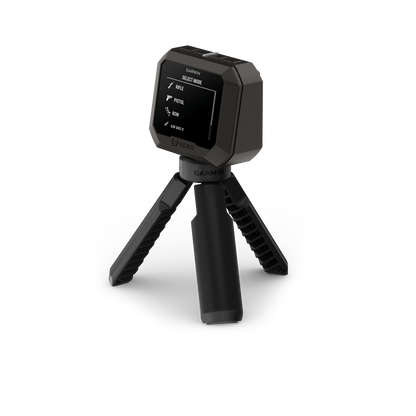 Garmin Xero C2 Chronograph on a black tripod, compact handheld shooting chronograph