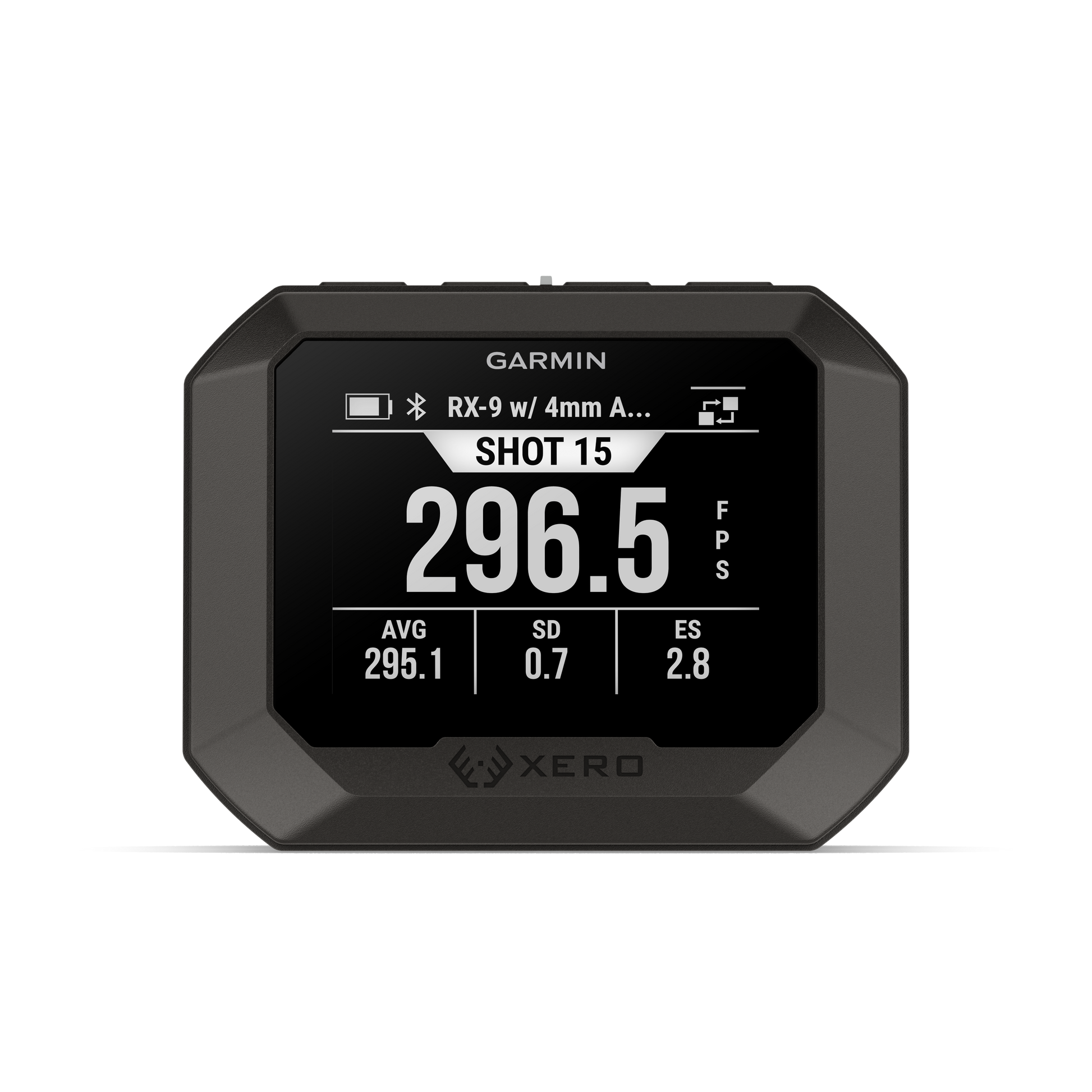 Garmin Xero C2 Chronograph; rugged range device with Shot 15, 296.5 FPS, AVG 295.1, SD 0.7, ES 2.8
