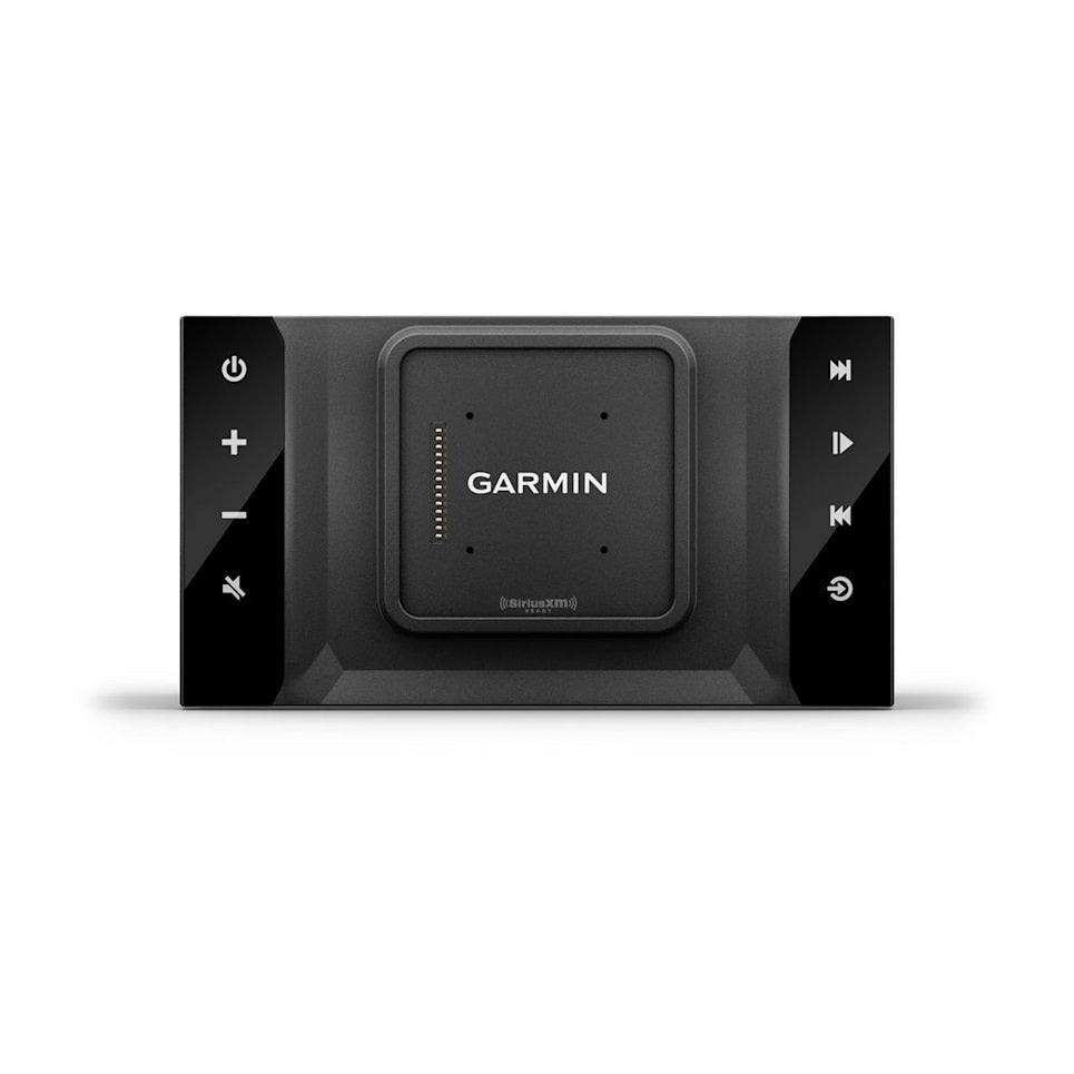 Garmin Vieo RV 51 stereo dock, black unit with glossy side panels and Garmin logo