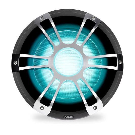 Fusion Garmin marine subwoofer with blue illuminated cone and silver grille spokes