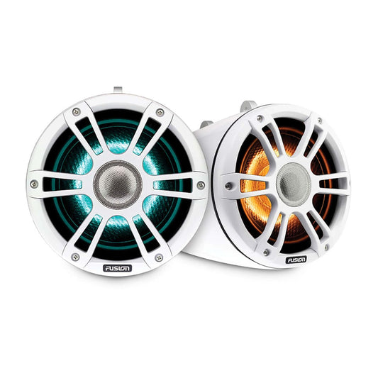 Garmin Fusion Signature Series 3 marine wake tower speakers pair, white enclosures with teal and orange lighting