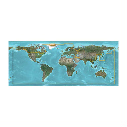 Garmin Worldwide Coastal Charts BlueChart g3 microSD/SD map showing global coastlines with a yellow boundary
