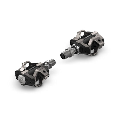 Garmin Rally XC100 single-sensing power meter bicycle pedals, black and silver finish, 2 pedals shown