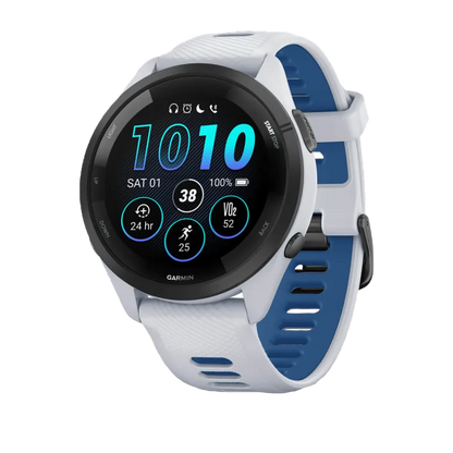 Garmin Forerunner 265, 46 mm Black Bezel with Whitestone Case and Whitestone/Tidal Blue Silicone Band (010-02810-01) by Garmin