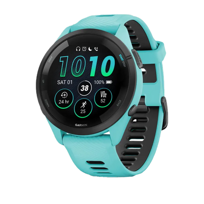 Garmin Forerunner 265, 46 mm Black Bezel with Aqua Case and Aqua/Black Silicone Band (010-02810-02)