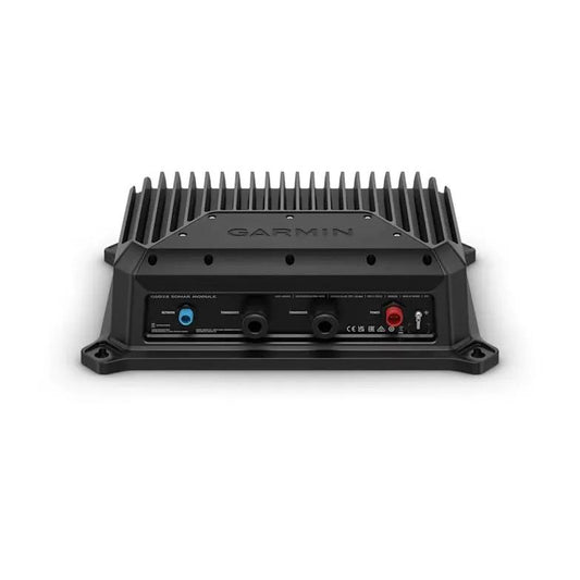 Garmin GSD 28 Sonar Module back panel; marine fish-finder accessory with blue port, black connectors, and red power.