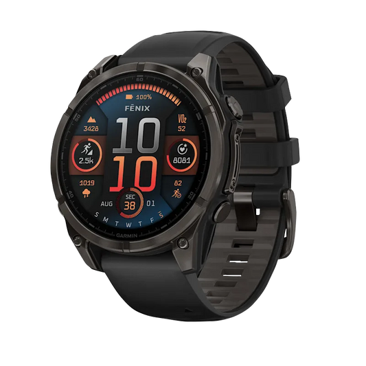 Garmin Fenix 8, 47 mm AMOLED Sapphire, Carbon Gray DLC Titanium with Black/Pebble Gray Silicone Band (010-02904-20) by Garmin