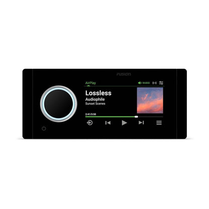 Garmin Fusion Apollo MS-RA800 marine head unit with round blue-ring illuminated knob and display.