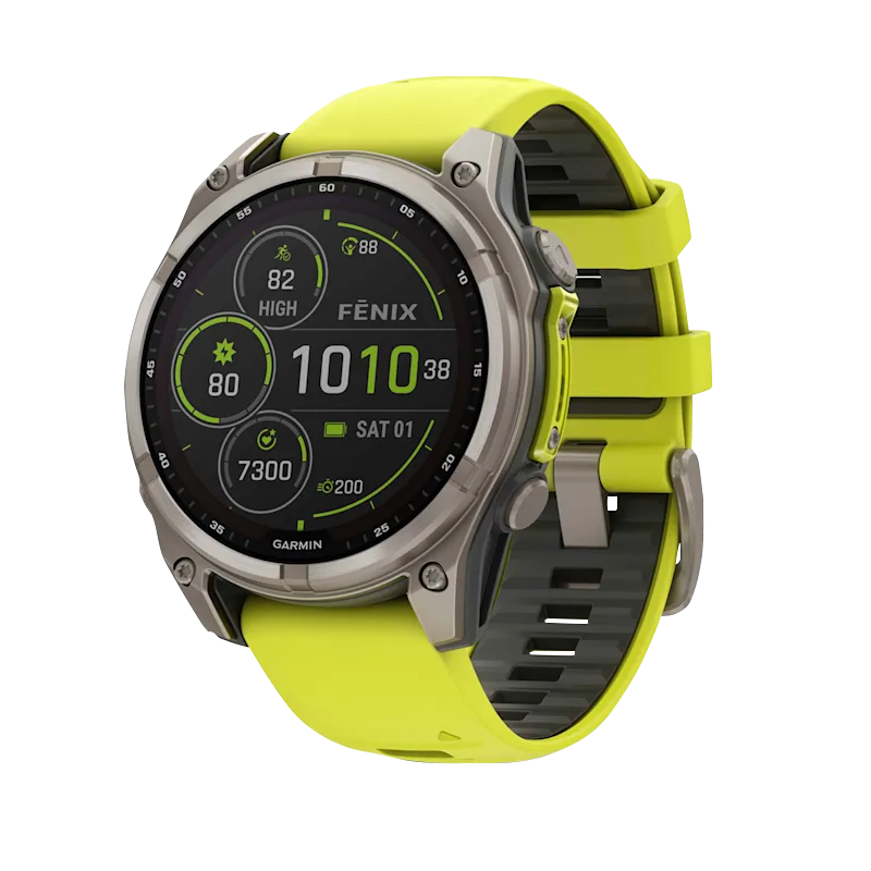 Garmin Fenix 8, 51 mm Solar Sapphire, Titanium with Amp Yellow/Graphite Silicone Band (010-02907-20)