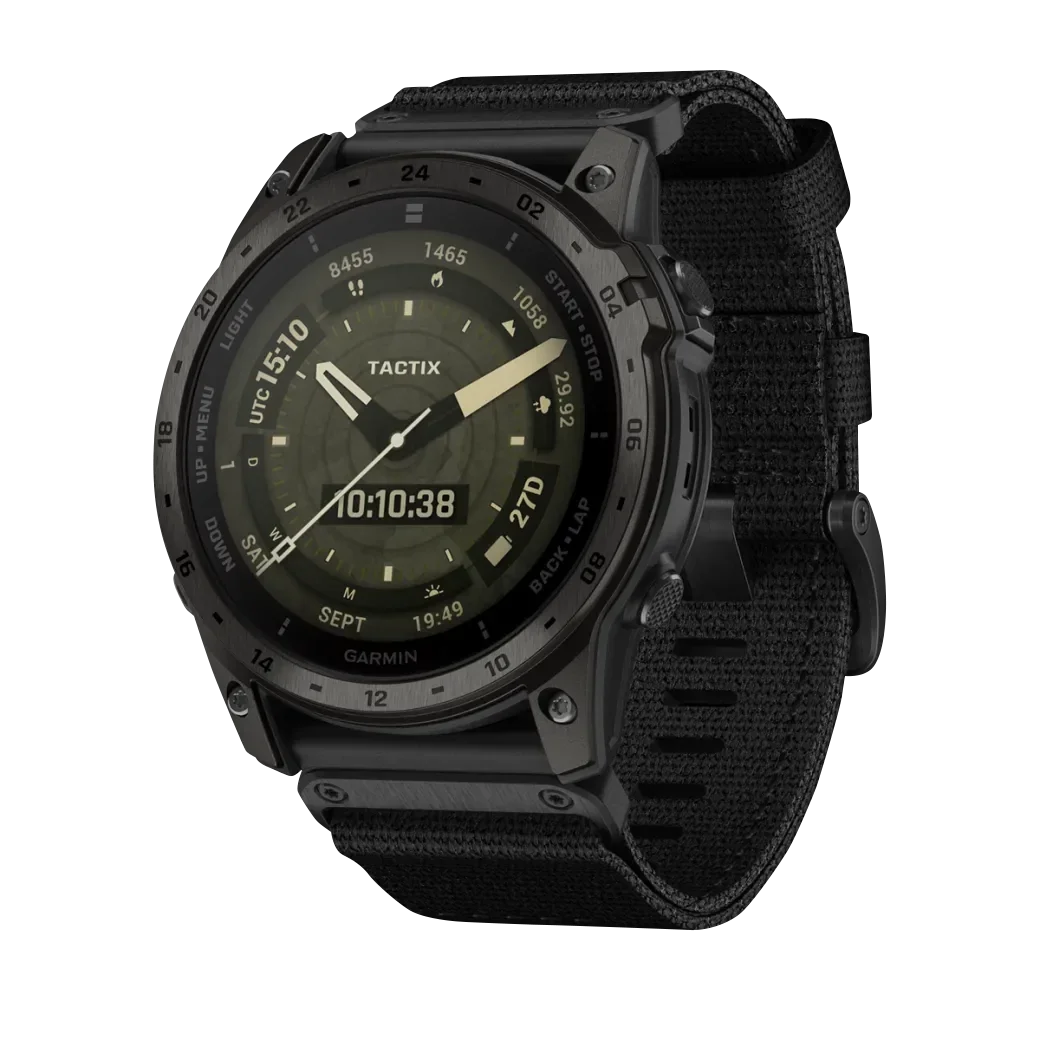 Garmin Tactix 7 AMOLED smart watch, refurbished, black tactical design with fabric strap