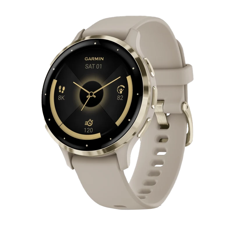 Garmin Venu 3S, lunette en acier inoxydable doré souple de 41 mm avec boîtier gris français et bracelet en silicone (010-02785-02)