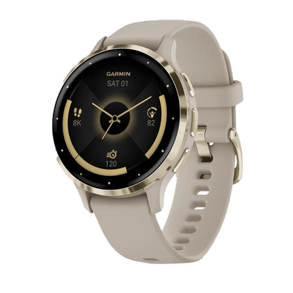 Garmin Venu 3S, lunette en acier inoxydable doré souple de 41 mm avec boîtier gris français et bracelet en silicone (010-02785-02)