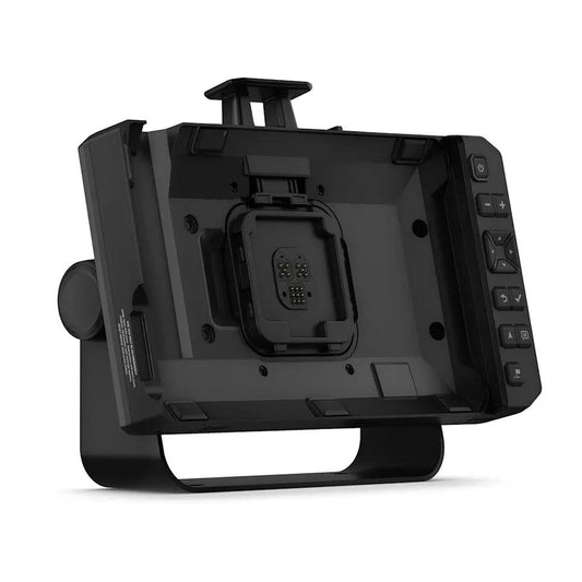 Garmin Tread XL Dock GPS mount in black with mounting bracket and rear connector port.