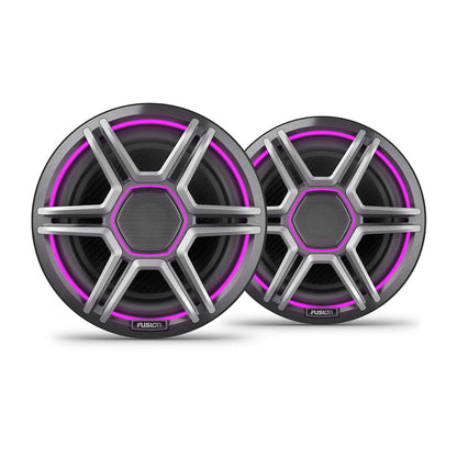 Fusion Apollo 7.7in marine speakers with purple LED ring and sports grey grilles, pair.