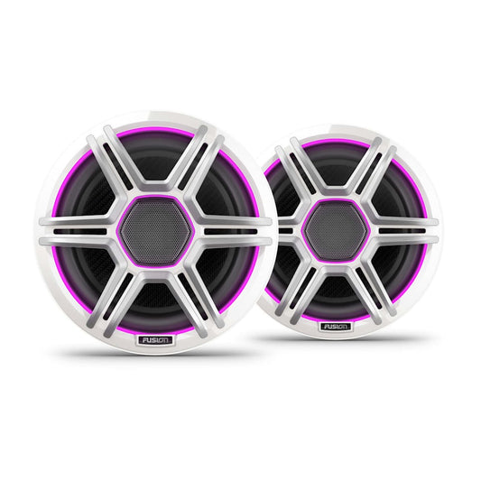 Fusion Apollo 7.7-inch LED marine speakers with white sports grilles, pair, purple LED rings