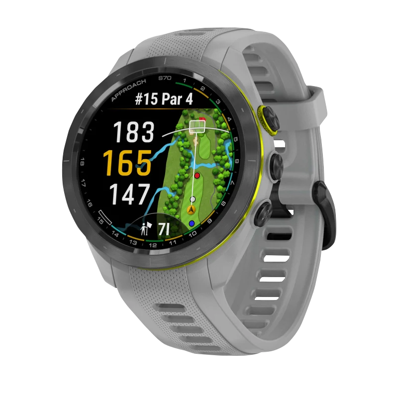 Garmin Approach S70, 42 mm Black/Amp Yellow Ceramic Bezel with Powder Gray Silicone Band (010-02746-01)