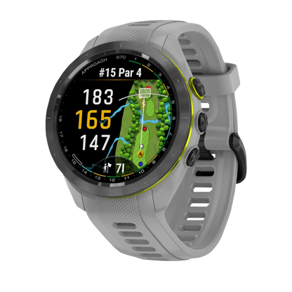 Garmin Approach S70, 42 mm Black/Amp Yellow Ceramic Bezel with Powder Gray Silicone Band (010-02746-01)