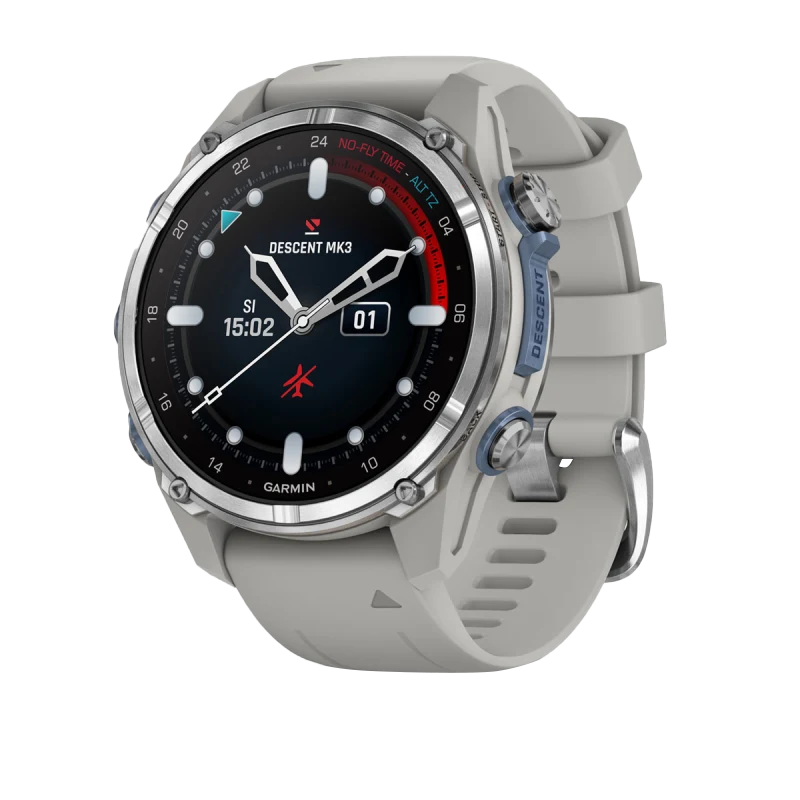 Garmin Descent Mk3, 43 mm en acier inoxydable avec bracelet en silicone gris brouillard (010-02753-03)