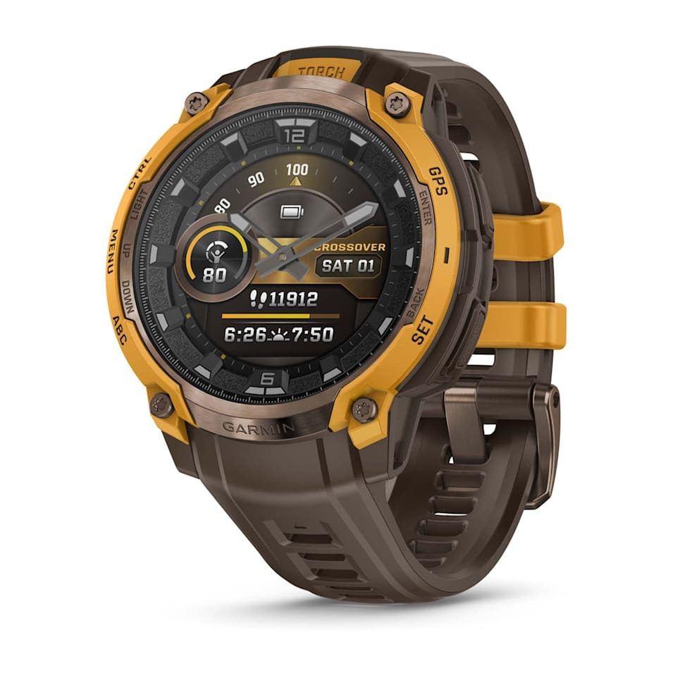Garmin Instinct Crossover AMOLED smartwatch with orange bezel and brown strap