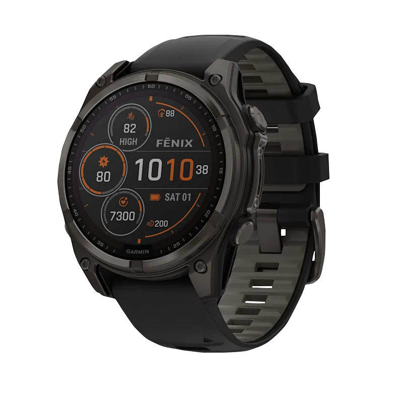 Garmin Fenix 8, 47 mm AMOLED, Solar Sapphire, Carbon Gray DLC Titanium with Black/Pebble Gray Silicone Band (010-02906-10)