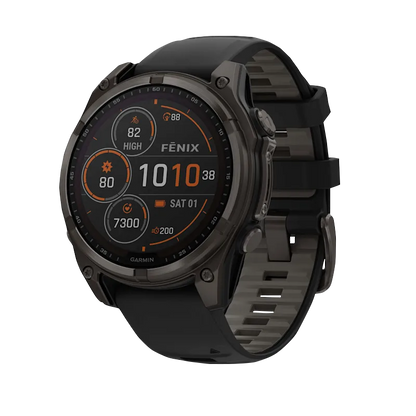 Garmin Fenix 8, 47 mm AMOLED, Solar Sapphire, Carbon Gray DLC Titanium with Black/Pebble Gray Silicone Band (010-02906-10)