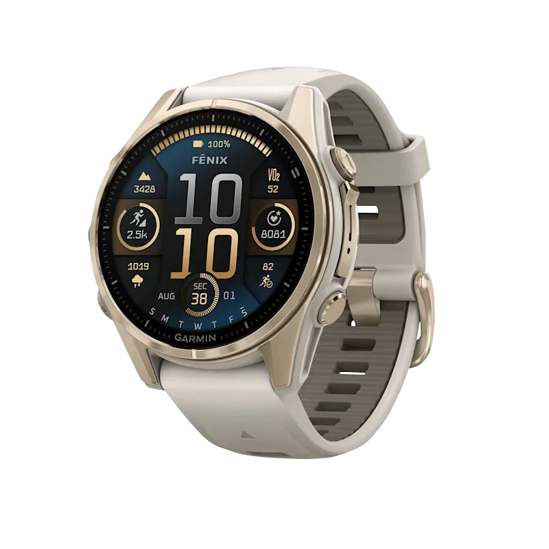 Garmin Fenix 8, 43 mm AMOLED Sapphire, Soft Gold with Fog Gray/Dark Sandstone Silicone Band (010-02903-10)