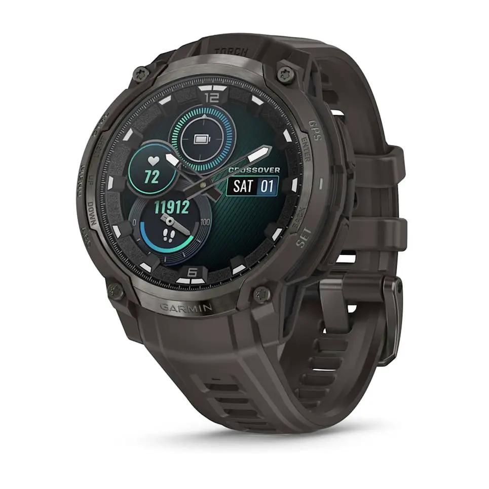 Garmin Instinct Crossover AMOLED smartwatch with dark gray strap and rugged bezel