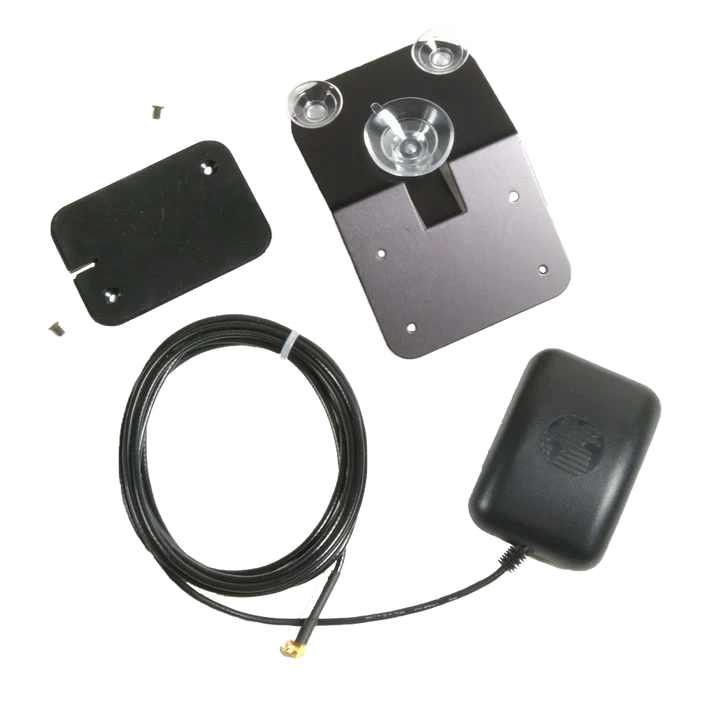 Garmin GA 27C remote GPS antenna four-piece kit with black low-profile housing, mounting plate, and cable.