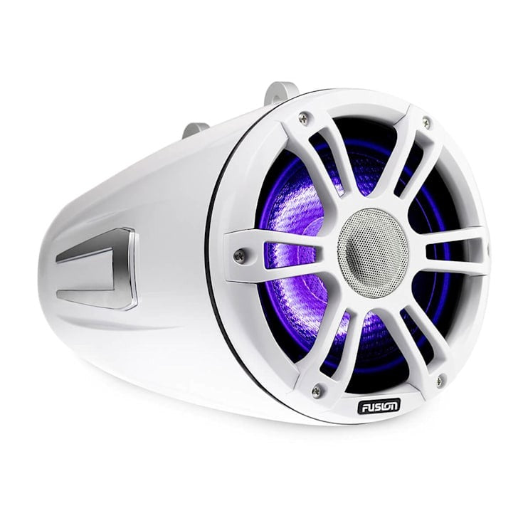 Garmin Fusion Signature Series 3 marine wake tower speaker, white housing with purple LED grille.