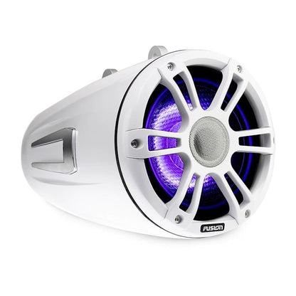 Garmin Fusion Signature Series 3 marine wake tower speaker, white housing with purple LED grille.
