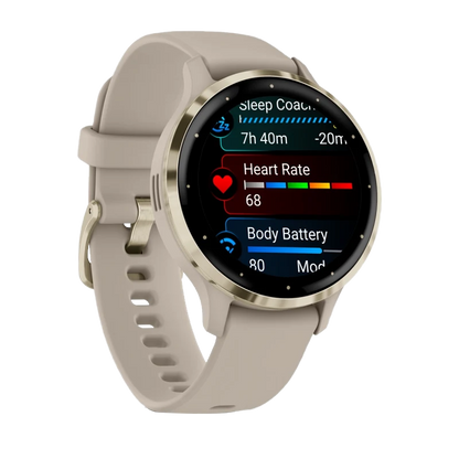 Garmin Venu 3S, lunette en acier inoxydable doré souple de 41 mm avec boîtier gris français et bracelet en silicone (010-02785-02)