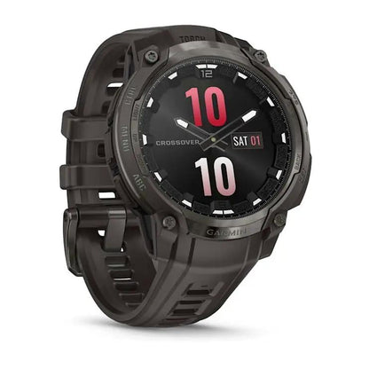 Garmin Instinct Crossover AMOLED smartwatch in dark gray with rugged silicone strap.
