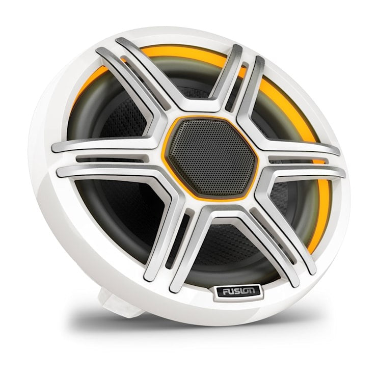Garmin Fusion Apollo 7.7-inch marine speaker in white with orange accents