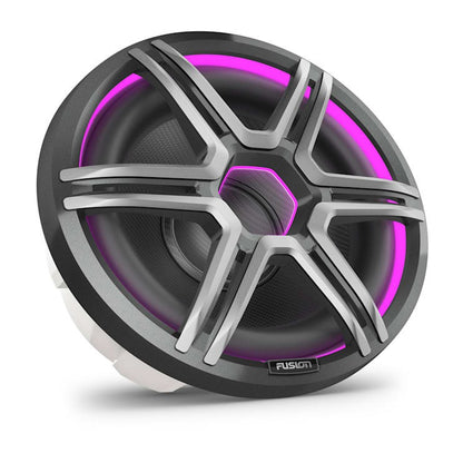 Garmin Fusion Apollo 12-inch LED marine subwoofer with sports grey grille.