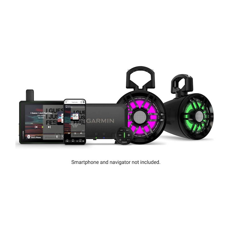 Garmin Tread Audio System with LED Controller; two RGB-lit marine speakers and central control hub for onboard audio.