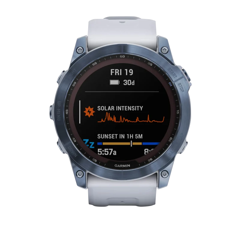 Garmin Fēnix 7X, édition solaire Sapphire, titane bleu minéral avec bracelet Whitestone (reconditionné certifié Garmin)