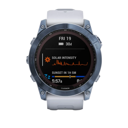 Garmin Fēnix 7X, édition solaire Sapphire, titane bleu minéral avec bracelet Whitestone (reconditionné certifié Garmin)