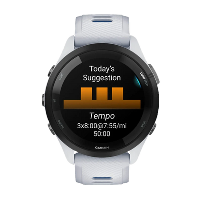 Garmin Forerunner 265, 46 mm Black Bezel with Whitestone Case and Whitestone/Tidal Blue Silicone Band (010-02810-01) by Garmin