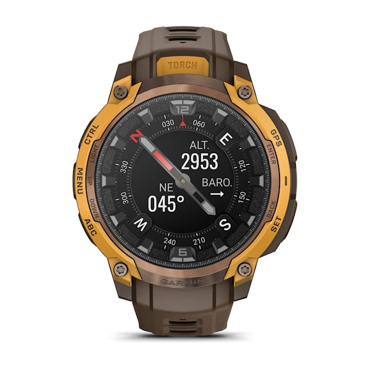 Garmin Instinct Crossover AMOLED smartwatch with orange bezel and brown strap