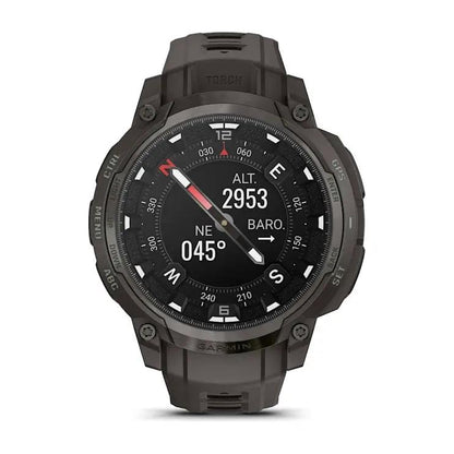 Garmin Instinct Crossover AMOLED smartwatch, rugged dark bezel with brown strap.