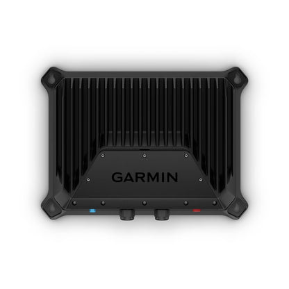 Garmin GSD 28 sonar module; black rugged marine fish finder accessory with ridged back and Garmin logo.
