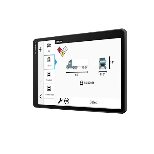 Garmin Dezl OTR820, 8 inch GPS Truck Navigator, (010-02925-00) showing detailed truck settings and options for drivers.